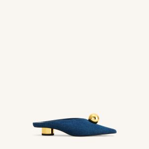Helena Gold Sphere Pointed Toe Mules - Denim Blue