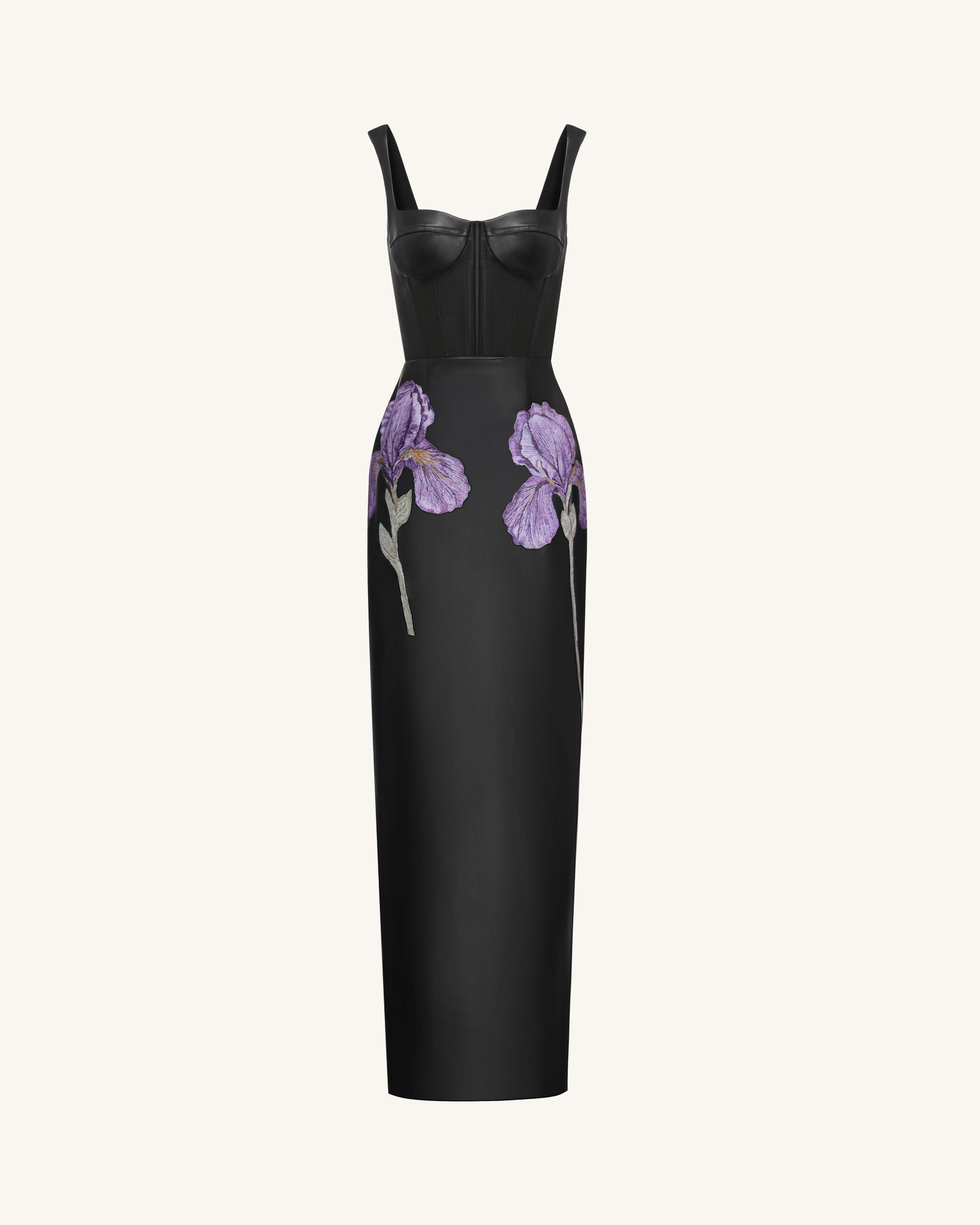 Iris Floral-Print Strappy Corset Leather Maxi Dress - Black - Image 2