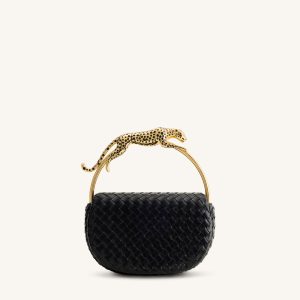 Ione Leopard Shaped Hardware Handle Woven Top Handle Bag - Black