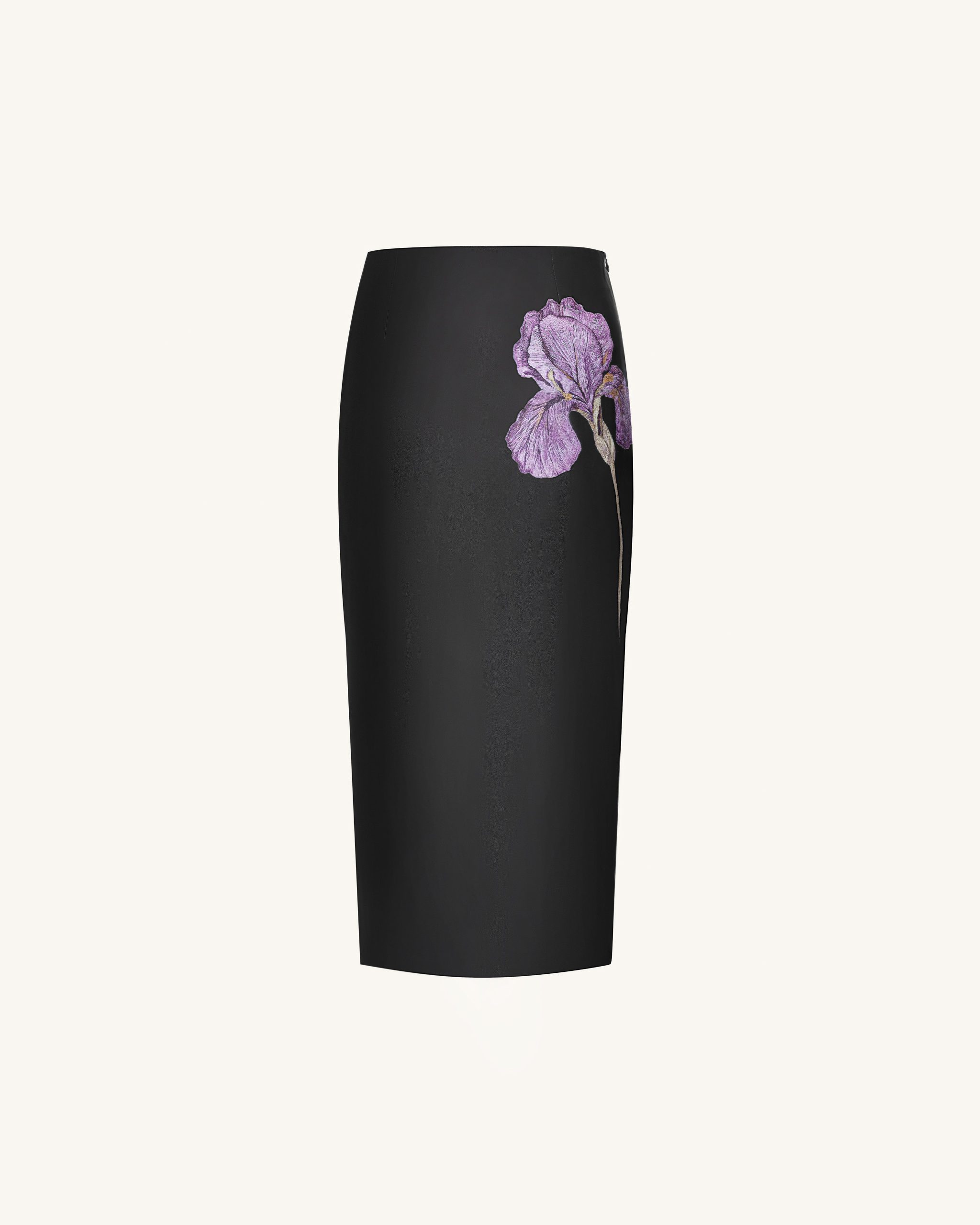 Iris Floral-Print High Waist Pencil Leather Midi Skirt - Black - Image 4