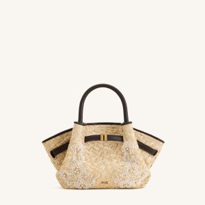 Hana Mini Faux Straw Beading Tote Bag - Brown