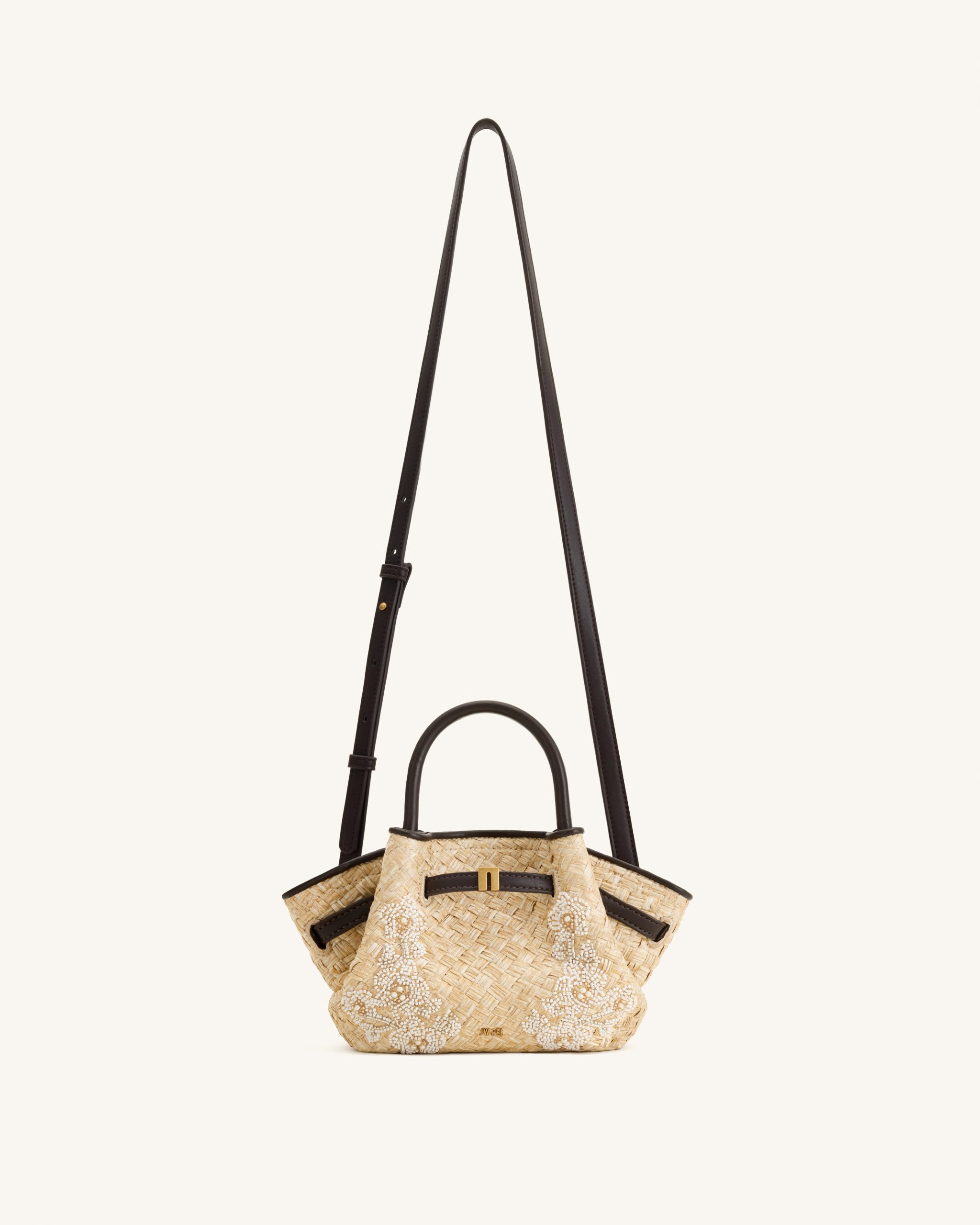 Hana Mini Faux Straw Beading Tote Bag - Brown - Image 2