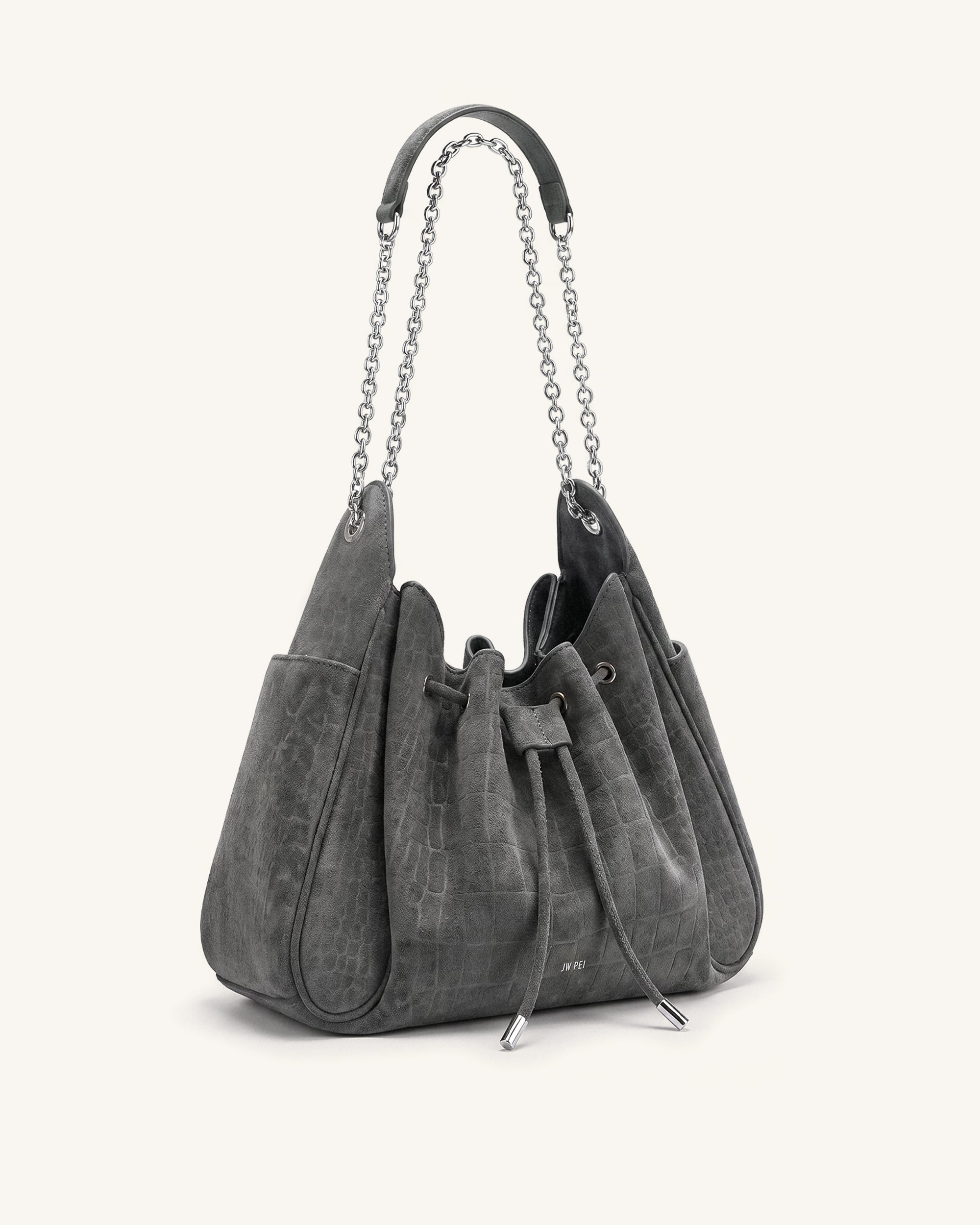 Rowan Faux Suede Drawstring Chain Bucket Bag - Smog Gray Croc - Image 2
