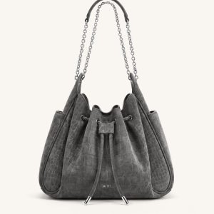 Rowan Faux Suede Drawstring Chain Bucket Bag - Smog Gray Croc
