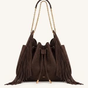 Rowan Faux Suede Tassel Ruched Drawstring Chain Bucket Bag - Amber Brown