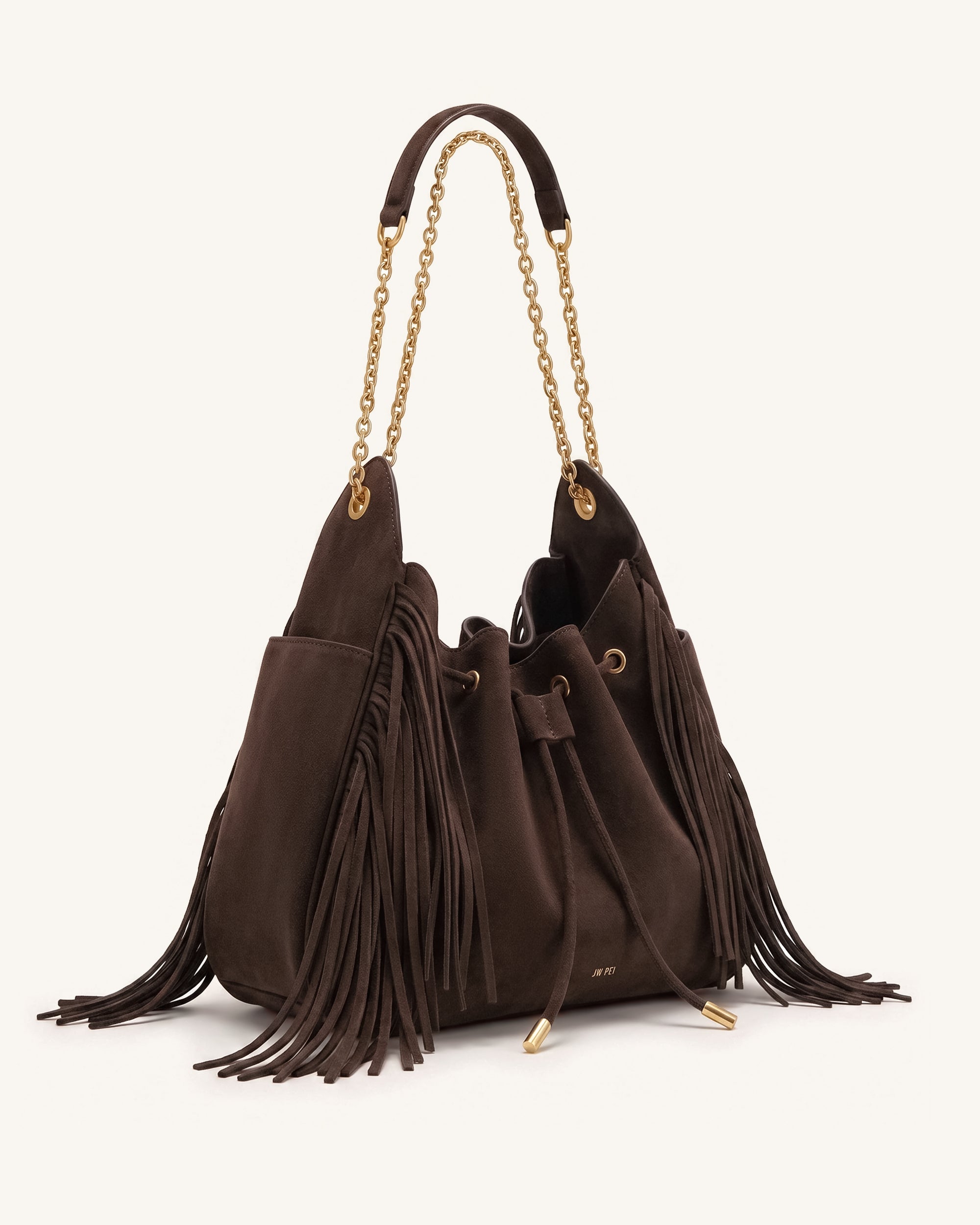 Rowan Faux Suede Tassel Ruched Drawstring Chain Bucket Bag - Amber Brown - Image 2