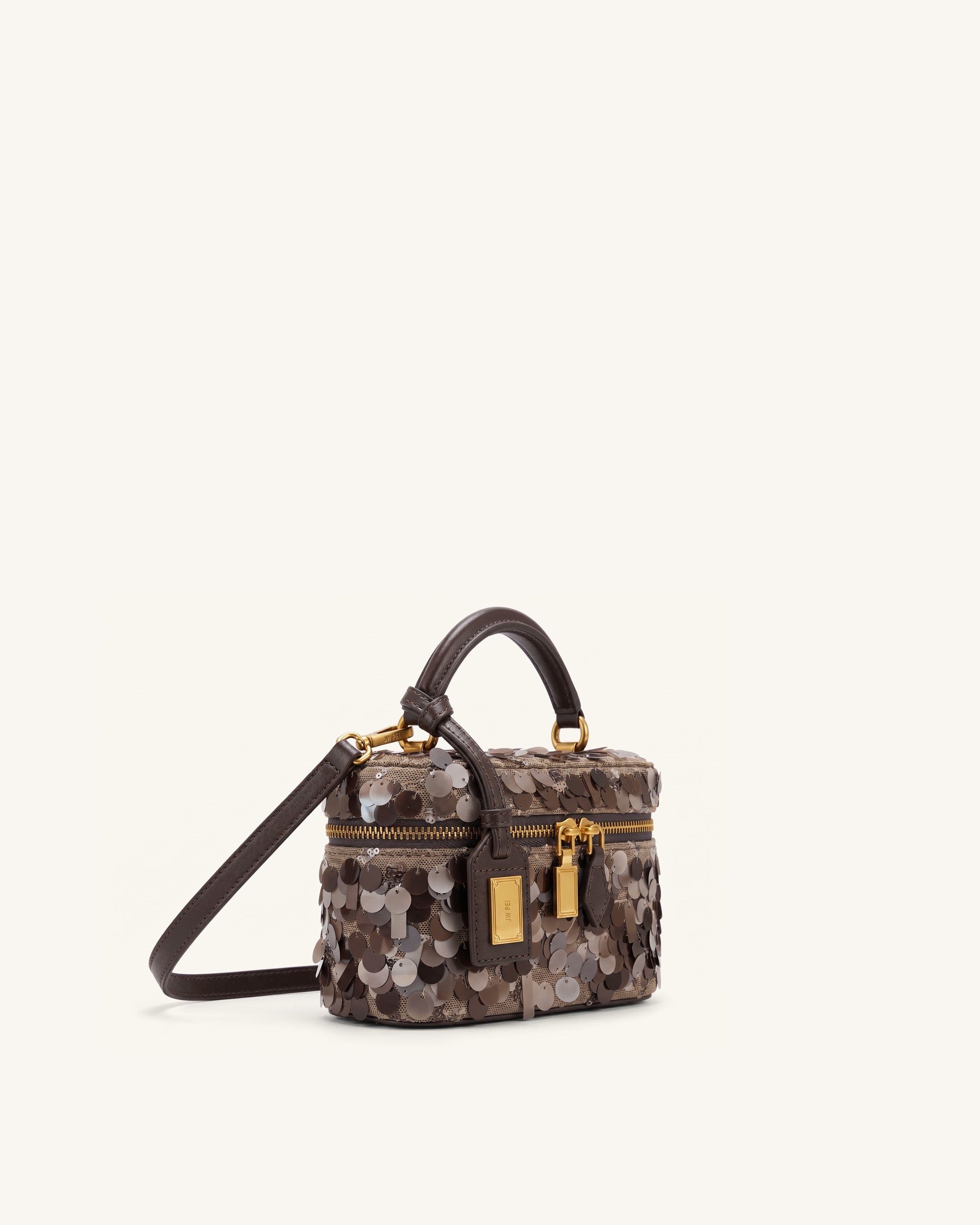 Cleo Metallic Sequin Box Shape Top Handle Bag - Brown - Image 2