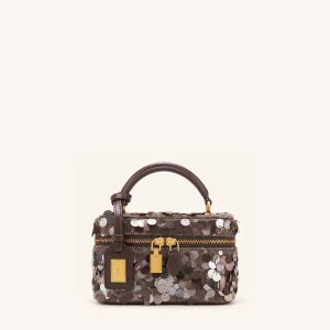 Cleo Metallic Sequin Box Shape Top Handle Bag - Brown