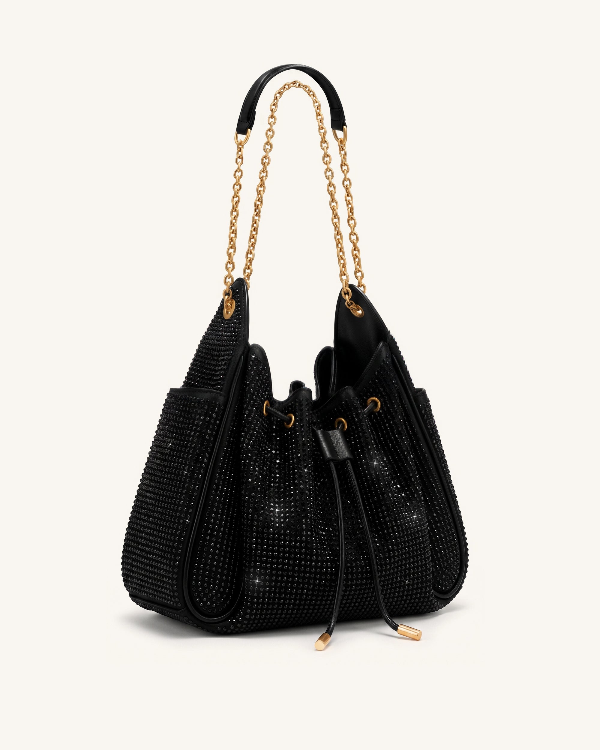 Rowan Artificial Crystal Ruched Drawstring Chain Bucket Bag - Obsidian - Image 2