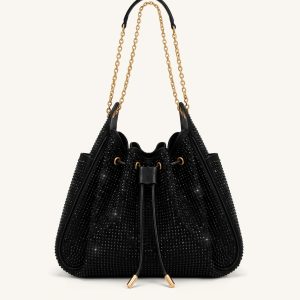 Rowan Artificial Crystal Ruched Drawstring Chain Bucket Bag - Obsidian