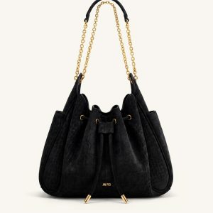 Rowan Faux Suede Drawstring Chain Bucket Bag - Cool Black Croc