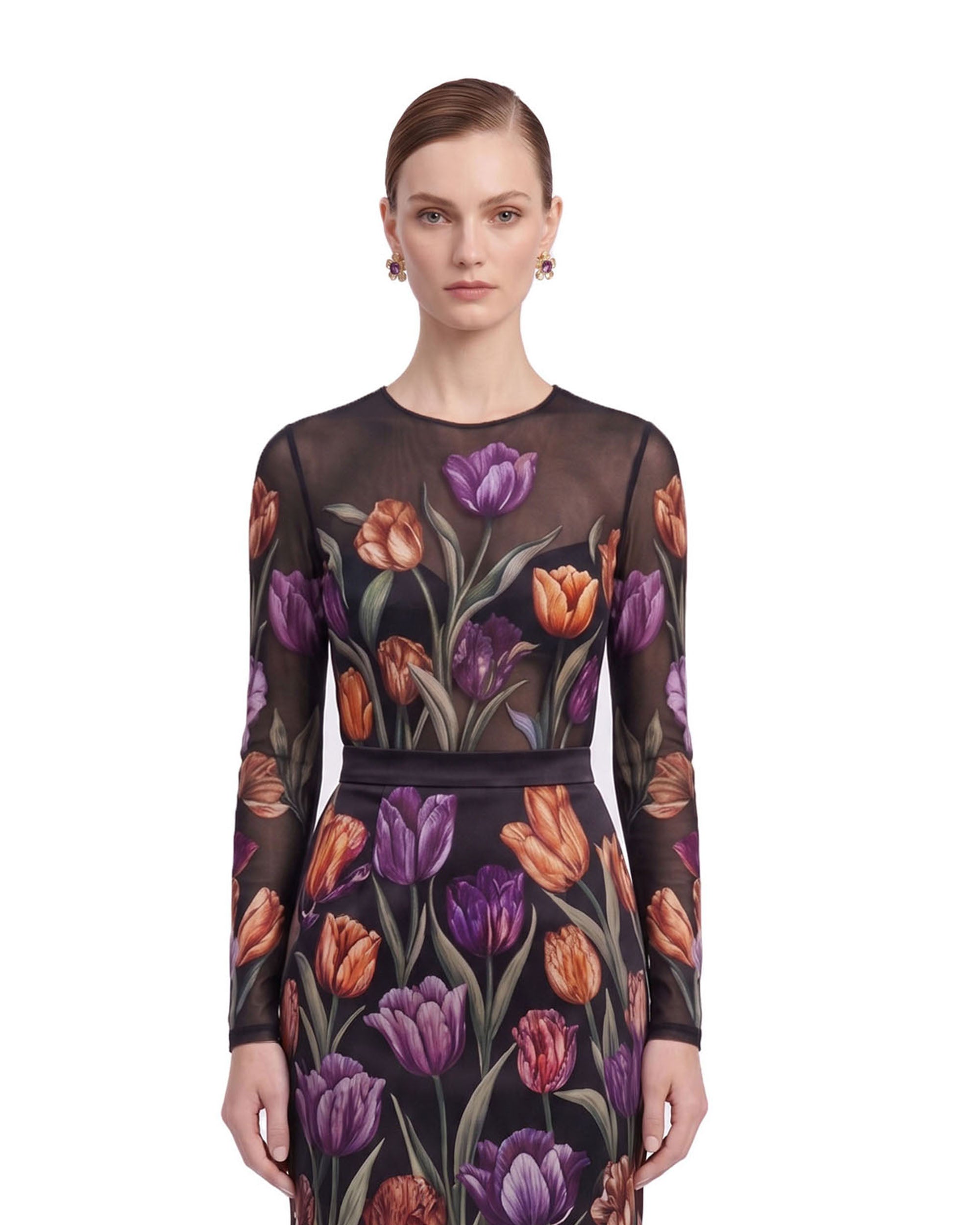 Tulip Print Sheer Long-Sleeve Top - Black - Image 2