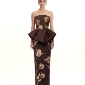 Tulip Floral Peplum Strapless Maxi Dress - Brown