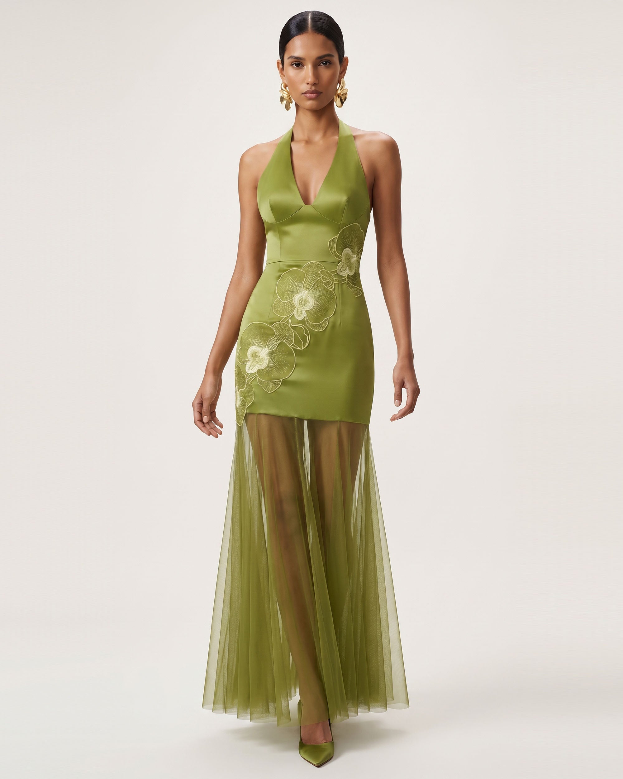 Orchid Embroidered Sheer Hem Halter Maxi Dress - Olive - Image 2