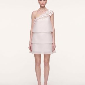 3D Floral Appliqué One-Shoulder Tiered Mini Dress - Ivory