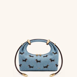 Ellie Embroidery Metal Ring Embellished Top Handle Bag - Vintage Blue Denim