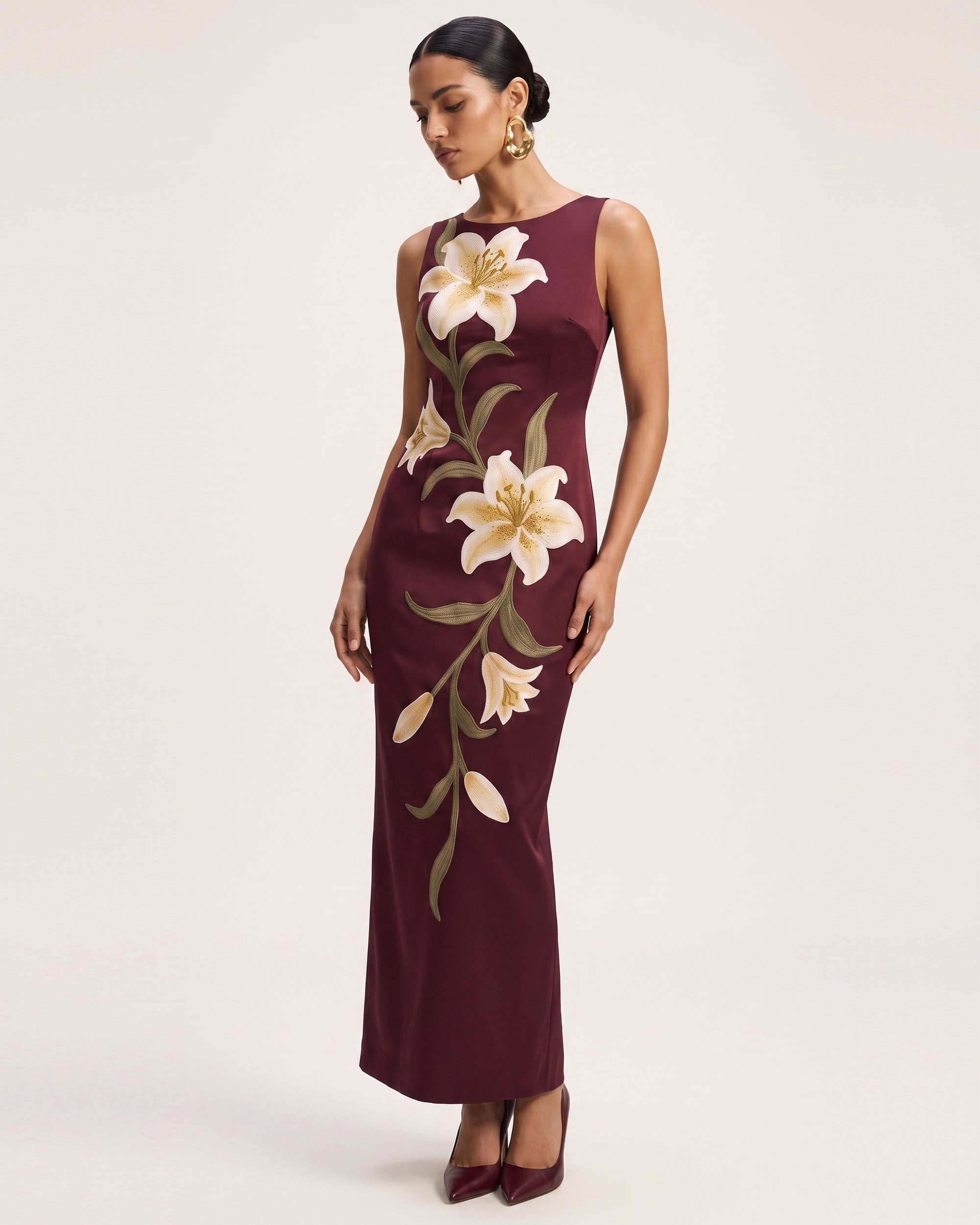 Lily Floral Print Sleeveless Column Maxi Dress - Burgundy - Image 2
