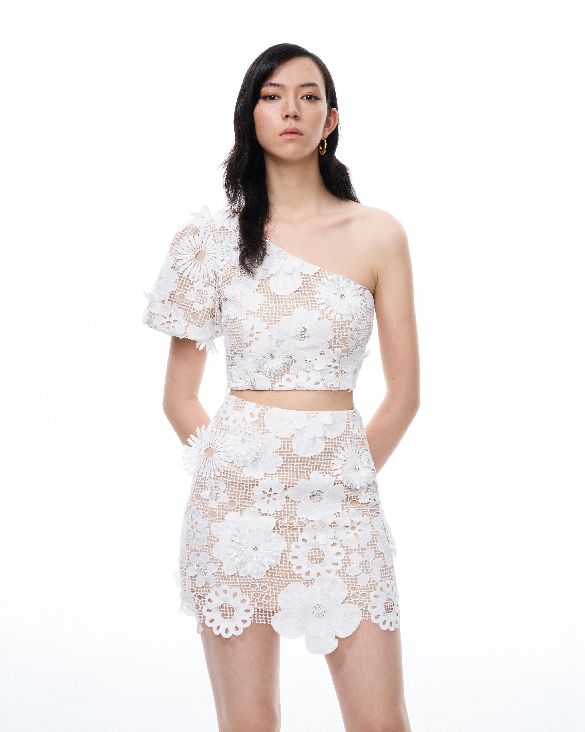Ophelia One-shoulder Embroidered Iace Dress Suit - White - Image 4