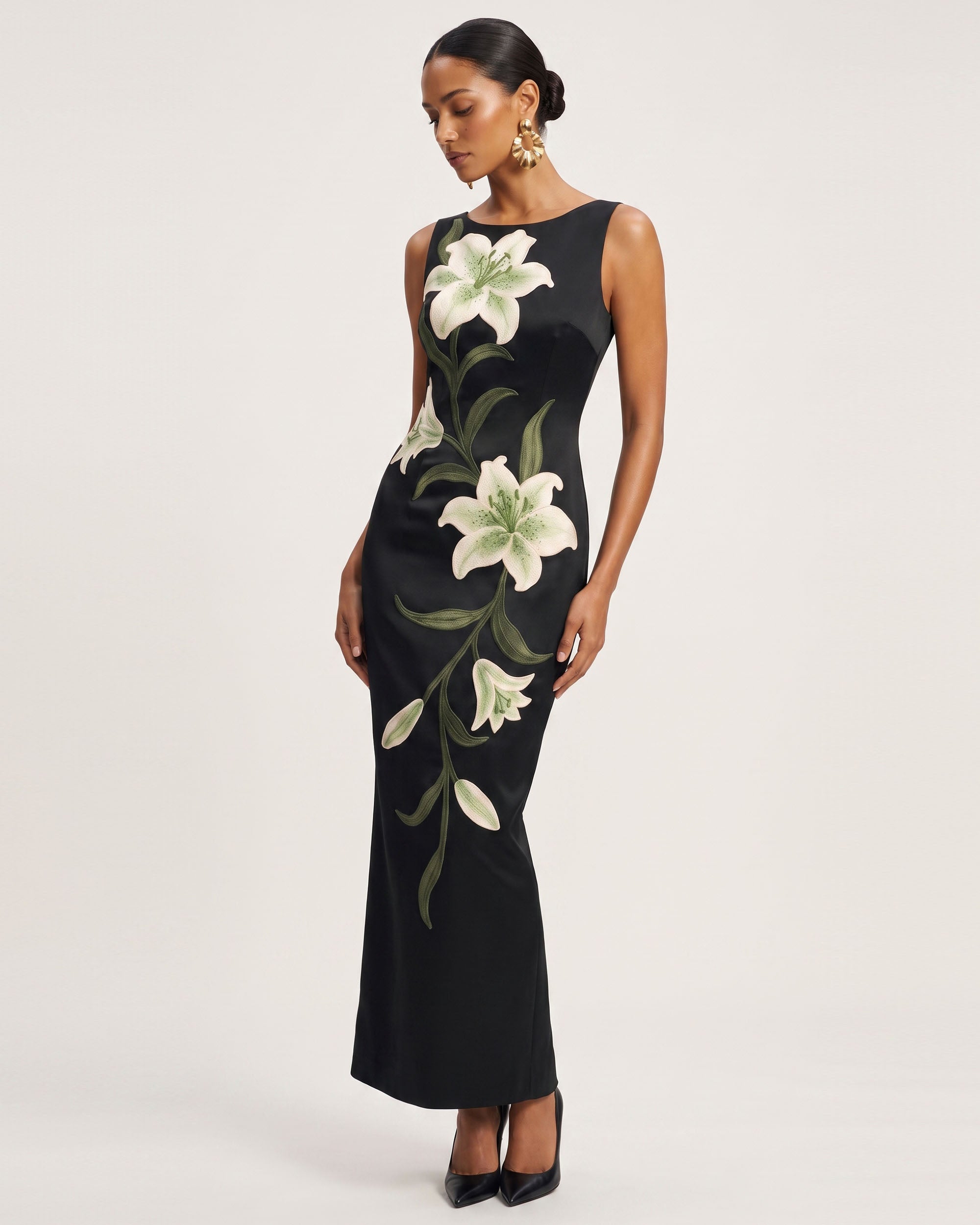 Lily Floral Print Sleeveless Column Maxi Dress - Black - Image 2