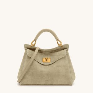 Lucia Classic Croc-Embossed Faux Suede Top Handle Bag - Light Beige