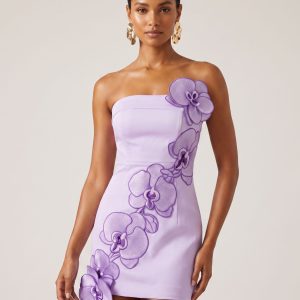 Orchid Embroidered Floral Appliqué Strapless Mini Dress - Light Purple
