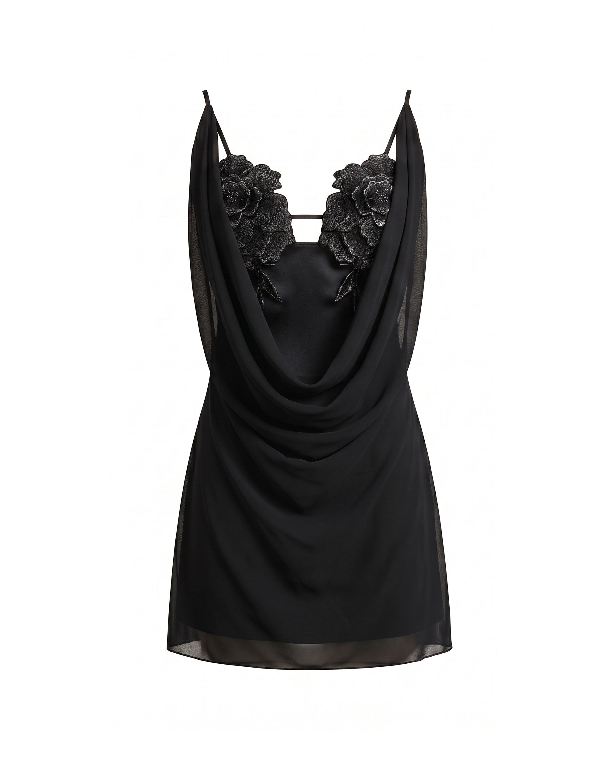 Flower Embroidered Cowl Neck Mini Dress - Black - Image 3