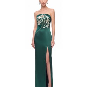 Floral Print Bead-Embellished Strapless Slit Maxi Dress - Emerald Green