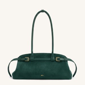 Arden Faux Suede Belt Detail East-West Shoulder Bag - Dark Green