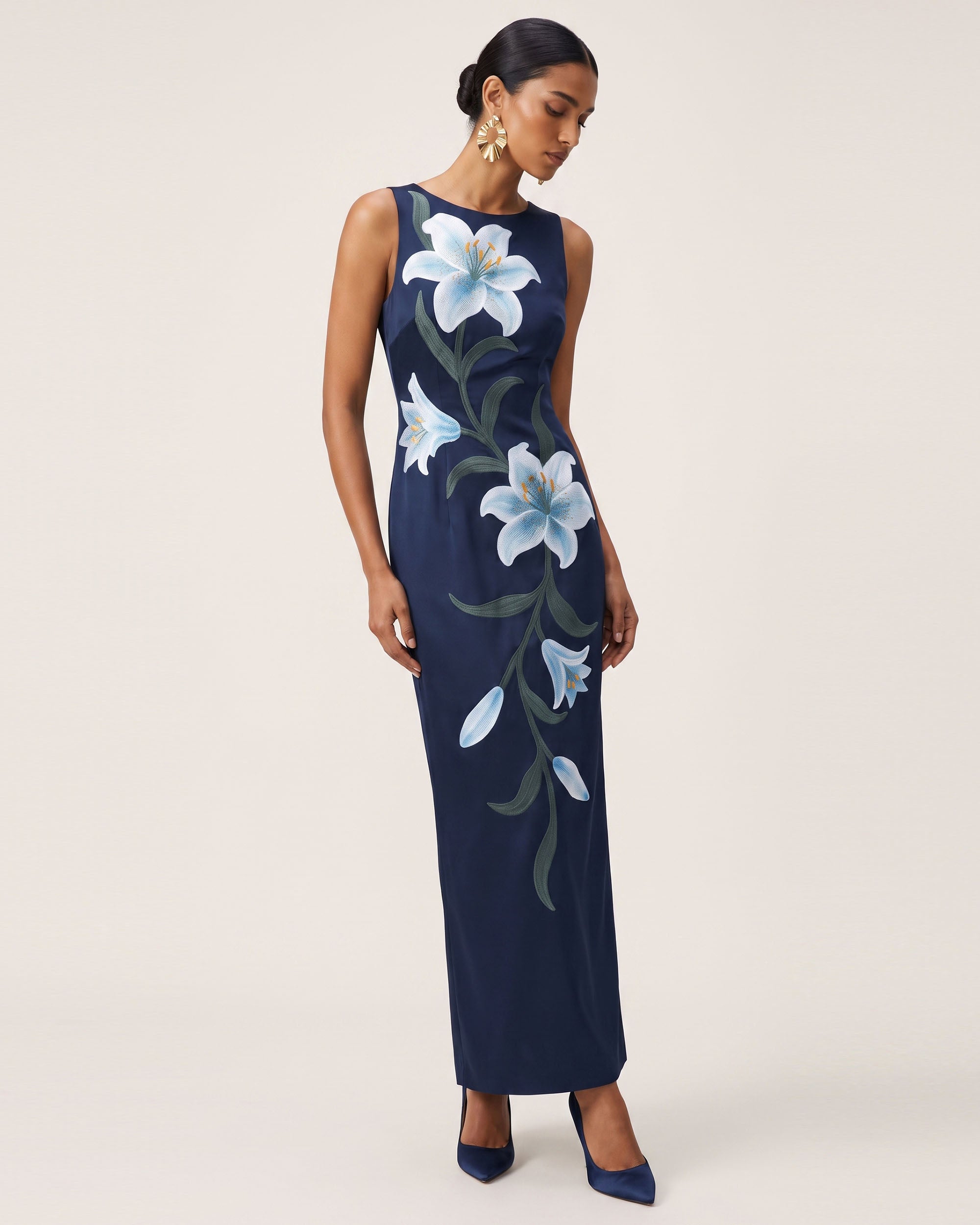 Lily Floral Print Sleeveless Column Maxi Dress - Dark Blue - Image 2