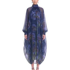 Floral Print Sheer Balloon-Sleeve Maxi Dress - Navy