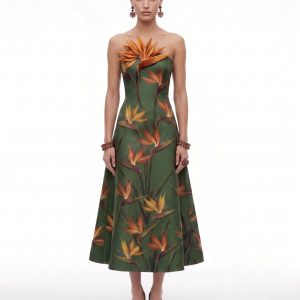 Bird of Paradise Appliqué Strapless A-Line Midi Dress - Green