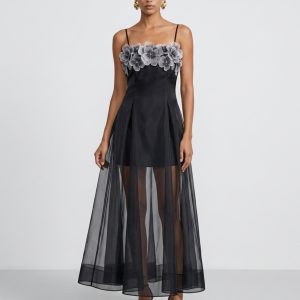 Floral Embroidered Sheer Layered Maxi Dress - Black