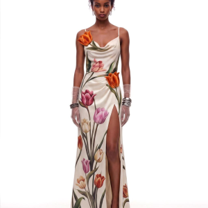 Tulip Floral Cowl-Neck Slit Maxi Dress - Ivory