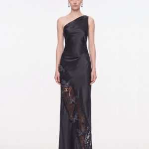 Lace Panel One-Shoulder Satin Maxi Dress - Black