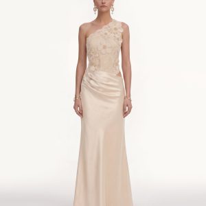 Floral One Shoulder Satin Dress - Cream