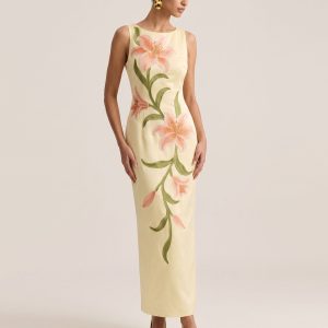 Lily Floral Print Sleeveless Column Maxi Dress - Light Yellow