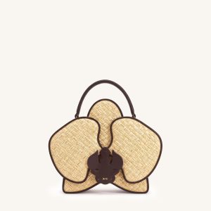 Flora Faux Straw Orchid Shaped Top Handle Bag - Natural Brown