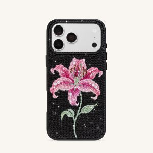 Pink Lily Artificial Crystal Phone Case - Black