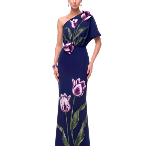 Tulip Floral One-Shoulder Column Maxi Dress - Navy