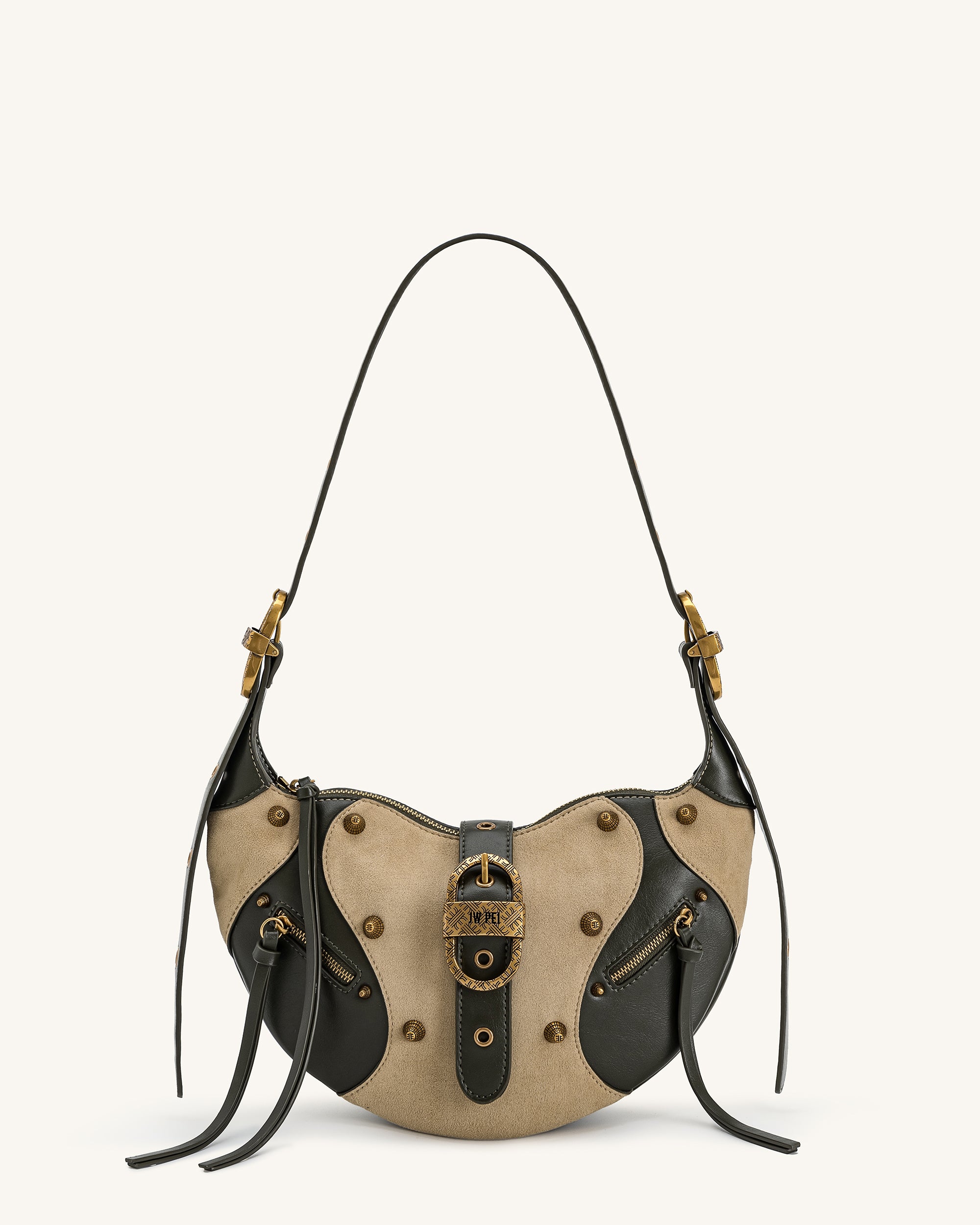 Tessa Faux Suede Studded Shoulder Bag - Khaki Green