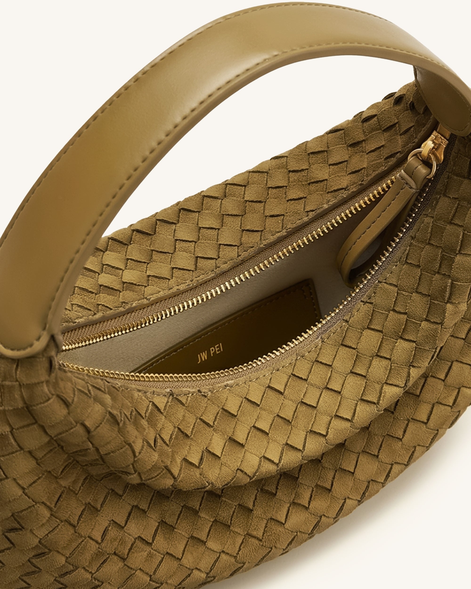 Nola Faux Suede Woven Crescent Shoulder Bag - Olive Green - Image 4