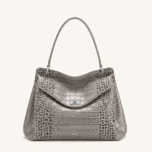 Lucia Turn-Lock Shoulder Bag - Grey Croc