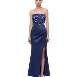Floral Print Beaded Strapless Draped Slit Maxi Dress - Navy