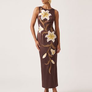 Lily Floral Print Sleeveless Column Maxi Dress - Brown