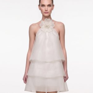 3D Floral Halter Tiered Mini Dress - Ivory