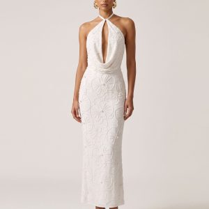 Orchid Beaded Embroidered Keyhole Cowl Halter Maxi Dress - White