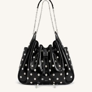 Rowan Studded Ruched Drawstring Chain Bucket Bag - Shiny Black