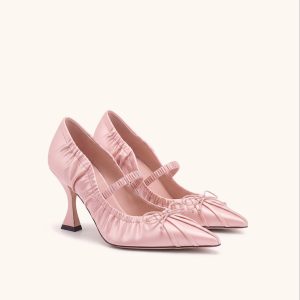 Solenne Satin Bow Ruched Mary Jane Pumps - Blush Pink
