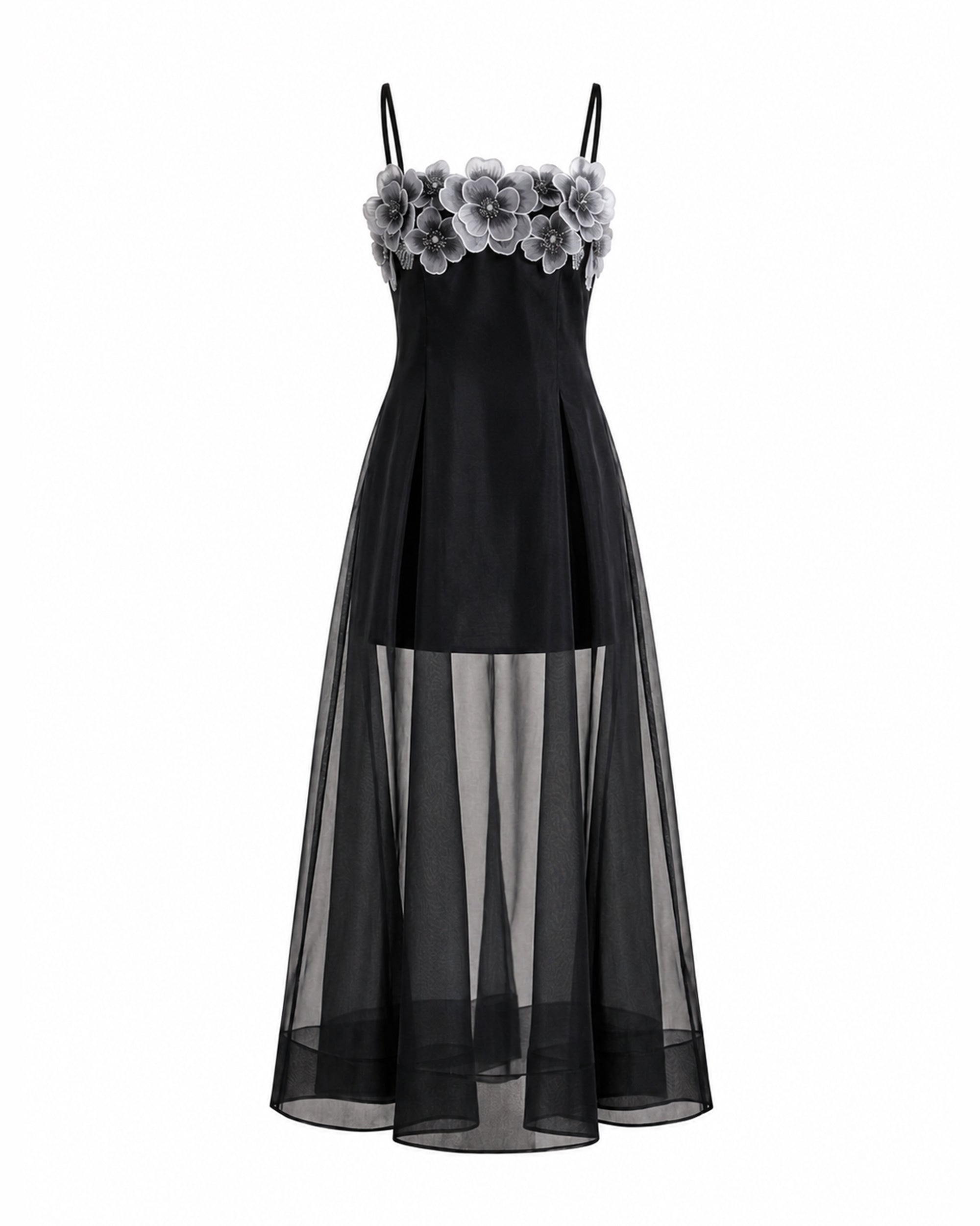 Floral Embroidered Sheer Layered Maxi Dress - Black - Image 3