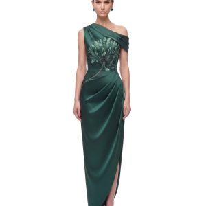 Floral One-Shoulder Draped Slit Maxi Dress - Emerald Green